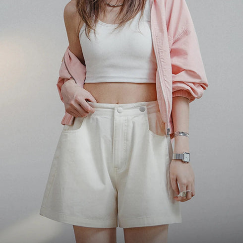 Premium Women's Beige A-Line Shorts – Casual Wide Leg Summer Streetwear Pants